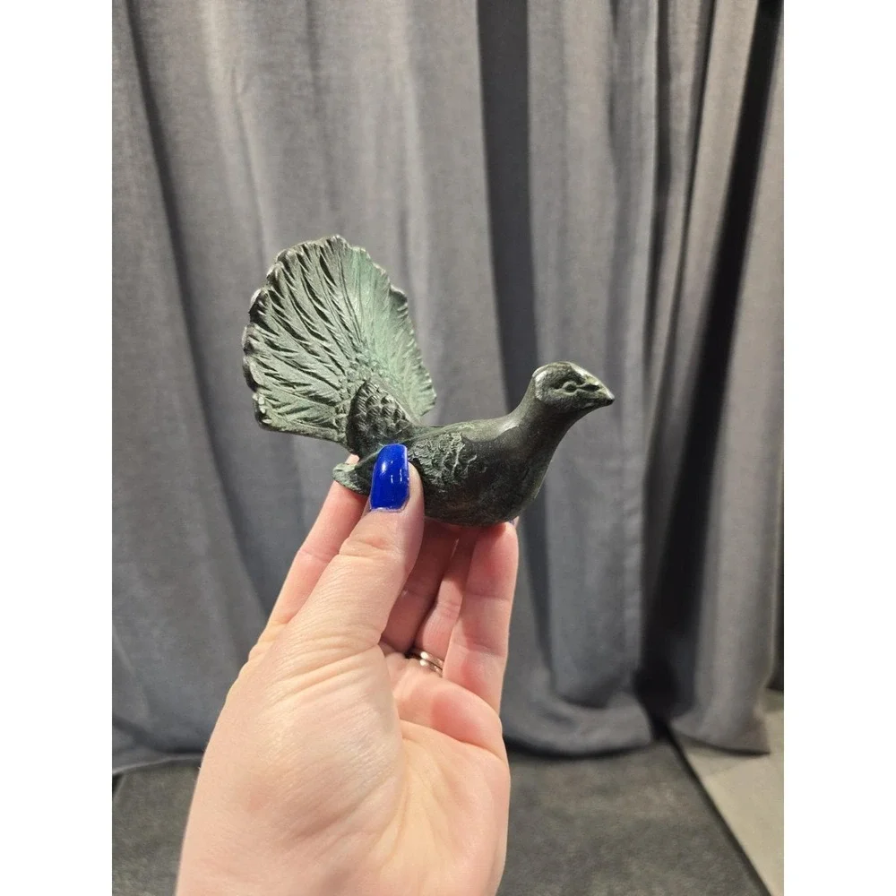 Vintage Solid Brass Pheasant Figurine Green Patina Game Bird Statue Rustic Cabin